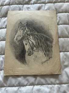 Vintage Pencil Drawing Of Two Horses On Manila Paper Original Artist Signature** - Picture 1 of 9