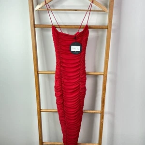 Nookie Bodycon Dress Womens Extra Small Red Mesh All Around Ruched Body Midi NWT - Picture 1 of 11