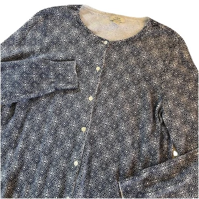 Cardigã feminino L.L.Bean azul e branco malha botão frontal algodão supima grande - Imagem 1 de 4