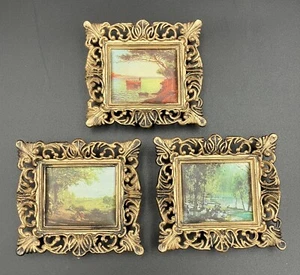 Vintage Frames Ornate With Silk Pictures Frames X3 Gold Plastic Hong Kong - Picture 1 of 10