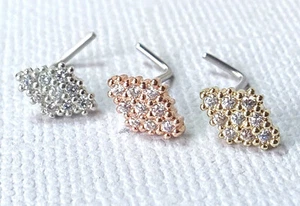 1pc CZ Paved Rhombus-Shaped L-Bend 20g Nose Ring Stud Screw 316L Surgical Steel - Picture 1 of 8