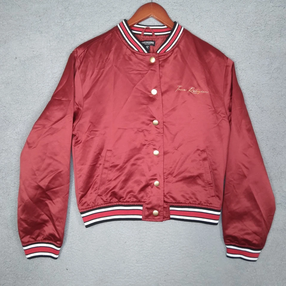 True Religion Red Dahlia Satin Gold Womens Varsity Bomber Jacket Medium - Image 1 of 4