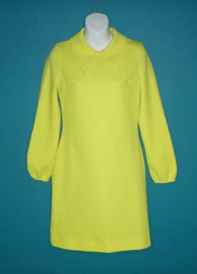 Vtg 70s Yellow Double Knit Poly Mini Dress Dagger Collar Puff Sleeves Sz S - Image 1 of 4