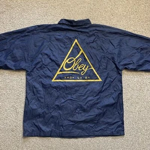 Obey Windbreaker Jacket Button Up Casual Vintage Collared Print Navy Blue M - Picture 1 of 6