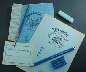 HE5 LOT SCOLAIRE ANCIEN CAHIER HELICOPTERE PORTE PLUME CRAYON OLD SCHOOL ECOLE - Picture 1 of 1