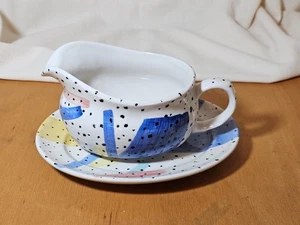 Newcor Stoneware Gravy Boat & Saucer – 1980s Memphis Style Speckled Pattern - Picture 1 of 11