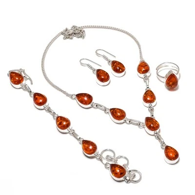 Baltic Amber Pear Shape Gemstone Jewelry Set Adjustable Chain Gift Necklace Set - Image 1 of 4