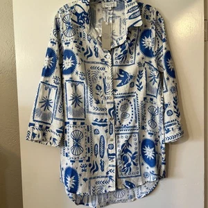 CALYPSO St. Barth litewgt linen blnd button blouse top tunic NWT LG Greek Blue - Picture 1 of 9