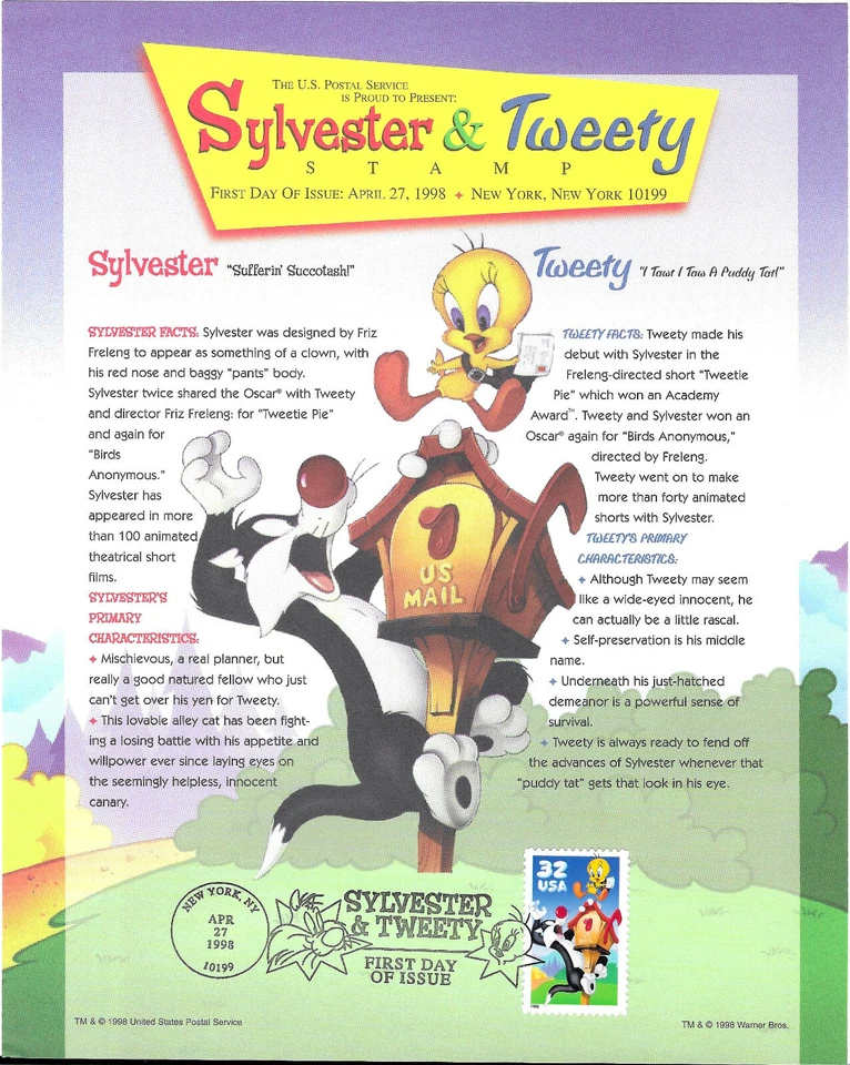 Sylvester & Tweety First Day of Issue Stamped Cover, 1998 USPS, 3204a (1033) - Image 1 of 1