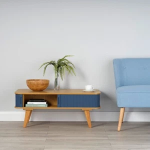 Bamboo Coffee Table with Dark Blue Sliding Doors 400mm H x 1000mm W x 500mm D - Picture 1 of 3