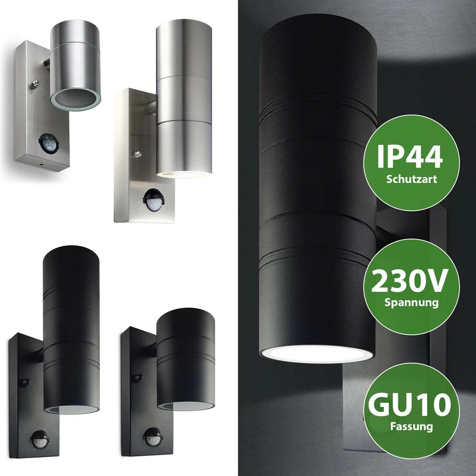 LED Wandleuchte mit Sensor Bewegung und Dämmerung schwarz Edelstahl GU10 230V - Bild 1 von 4