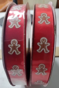 RED RIBBON GINGERBREAD MAN PRINT 5/8" WIDE - LOT OF 2 SPOOLS - NEW! - Picture 1 of 2