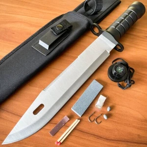 15" Tactical Hunting Rambo Silver Fixed Blade Knife Military Bowie Survival Kit - Picture 1 of 6