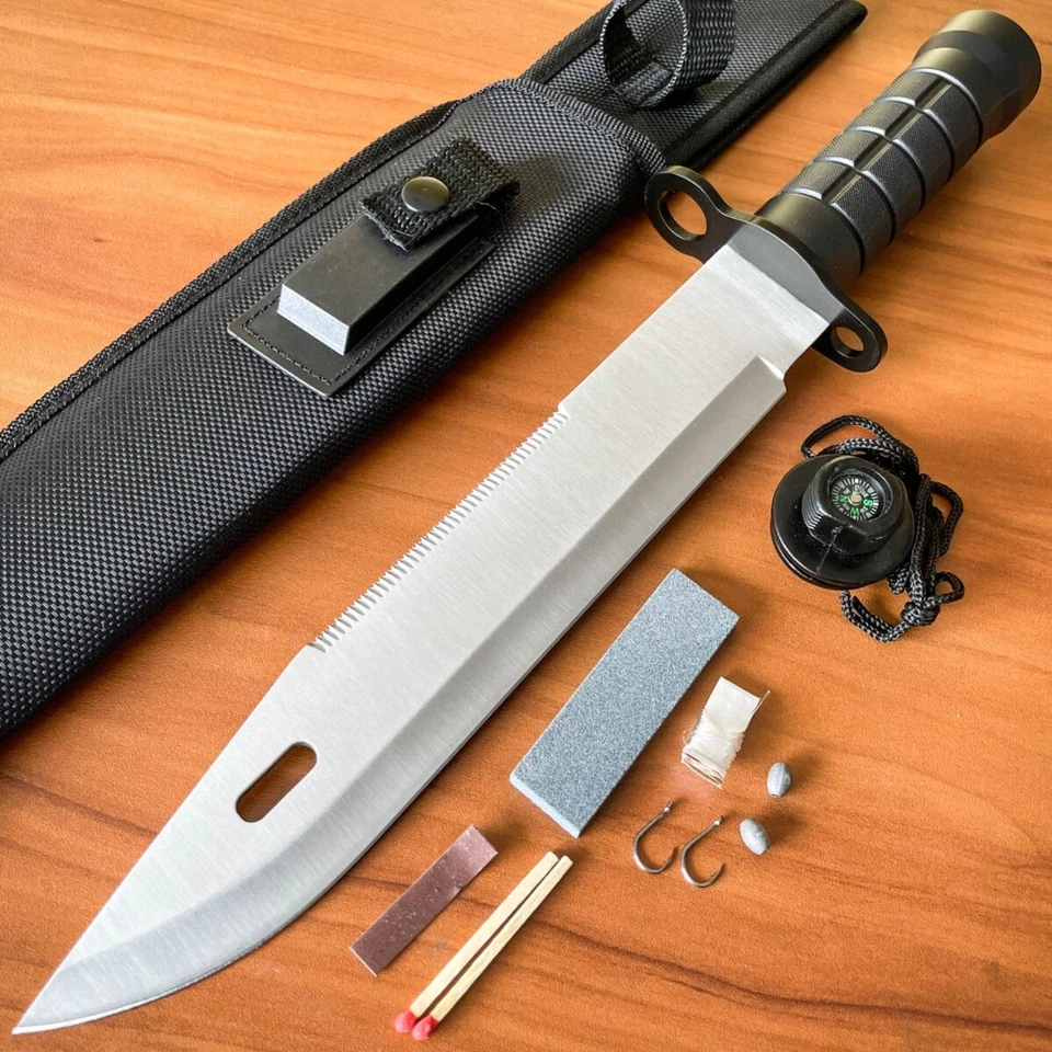 Kit de supervivencia Bowie militar cuchillo hoja fija plata rambo caza táctico 15" Foto 1 de 4