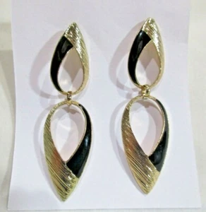Spun Gold Tone with Black Enamel Double Teardrop 2.25" Dangle Pierced Earrings - Picture 1 of 3