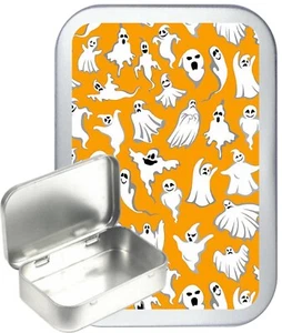 Orange ghost Pattern Silver Hinged Tobacco Tin, Sewing Tin, Gift Tin, 1oz & 2oz - Picture 1 of 5