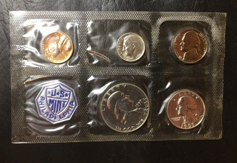 1957 PROOF SET 90% Silver Content Franklin Half Quarter Dime 5 Coins Original Cover