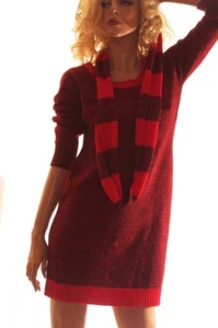 Womens Red Black 3/4 Sleeve Sweater Dress Striped Infinity Scarf Sm M Lg 6 8 NEW - Picture 1 of 1