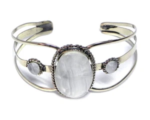 Oval Healing Gemstone Crystal Large Silver Metal Cuff Bracelet Boho Art Fashion - Picture 1 of 13