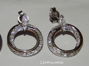 10K WHITE YELLOW GOLD DIAMOND PAVE 7/10th INCH OPEN CIRCLE DROP DANGLE EARRINGS - Picture 1 of 8