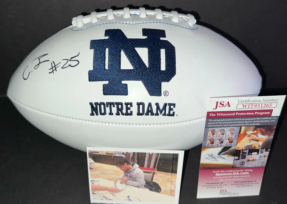 Chris Tyree Notre Dame Signed White Logo Football JSA Witness COA  - - Image 1 of 1