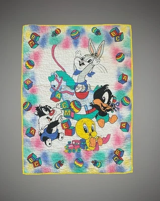 Vtg 90s Baby Looney Tunes Crib Blanket Acme Bugs Daffy Tweety Letter Blocks  - Image 1 of 4