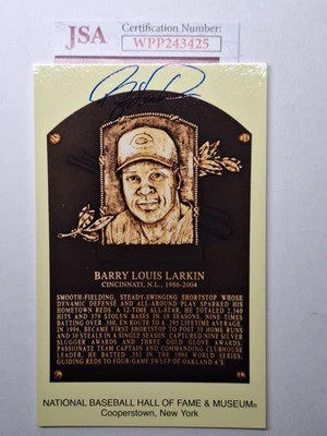 Barry Larkin Signed Gold HOF Plaque Postcard Yellow Autograph Reds JSA#3425 BOLD - Image 1 of 3