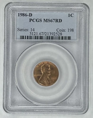 1986 D Lincoln Memorial Cent PCGS MS 67 RD #21392528 - Image 1 of 2