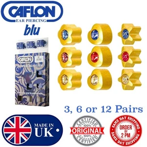 SET 3, 6, or 12 CAFLON BLU CRYSTAL INSET SHAPES GOLD EAR PIERCING STUD EARRINGS - Picture 1 of 25