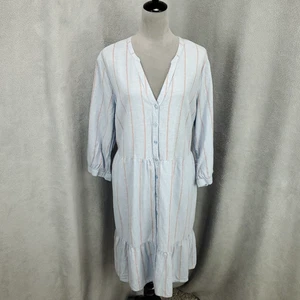 Vestido de lino azul marino antiguo para mujer XL azul a rayas con botones volantes hasta la rodilla cuello en V - Imagen 1 de 10