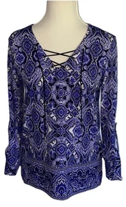 LARRY LEVINE WOMEN'S KNIT PULLOVER TOP V-NECK GROMMET TIE ROLL TAB LG SLEEVE SM - Picture 1 of 3