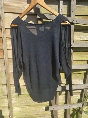 Womens Top Black Metallic Stretch Knit Sheer Ribbed Edge Long Sleeve Oversized 8 - Image 1 of 4
