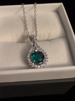 Sterling 925 2ct Lab Created Emerald Brilliant Zircon Accents Necklace Pendant - Image 1 of 4