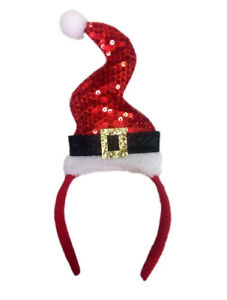 Womens Wavy Santa Hat Of Red Sequins With Gold Sequins Belt Buckle On Headband