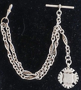 Superb! Antique Fine Sterling Silver Fancy Link Albert Watch Chain & Fob - Picture 1 of 11