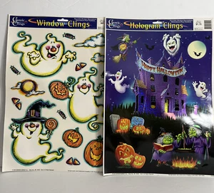 Vintage Halloween Window Clings Ghosts Pumpkins 3D Happy Halloween Set of 2 - Picture 1 of 7