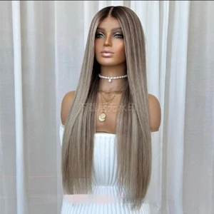 Balayage Aschblond Golden Highlights 13x4 Lace Front Echthaar Perücken Dark Roots - Bild 1 von 6