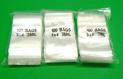 300 Reclosable Bags 3x4 Clear 2mil Poly 3" x 4" Baggies 2 Mil Squeeze Seal Track - Image 1 of 3