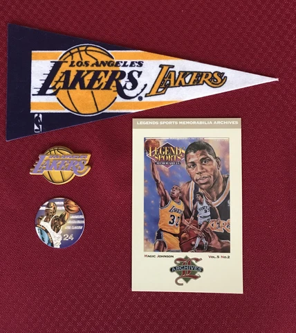 Los Angeles Lakers Magnet & Mini Pennant & Magic  Johnson Card & Kobe Pog Lot 4 Cover