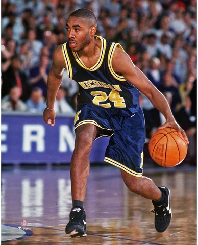 Jimmy King Michigan Wolverines Unsigned Navy Jersey Dribbling Photograph Cover