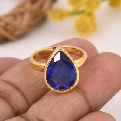 Anillo de compromiso chapado en oro con piedras preciosas de cuarzo de tanzanita talla pera para regalo Foto 1 de 4