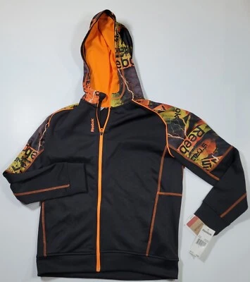 Chaqueta grande Reebok juvenil con capucha cremallera completa manga larga negra naranja     Foto 1 de 4