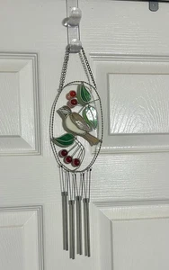 Vintage Stained Glass Suncatcher Wind Chime Mockingbird Cherry Fruit Handmade - Picture 1 of 5