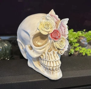 Blumen Totenkopf Tag der Toten Deko Statue Skulptur Halloween - Bild 1 von 7
