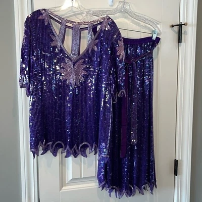 Conjunto de top y falda vintage de lentejuelas brillantes moradas de 2 piezas talla XL Foto 1 de 4