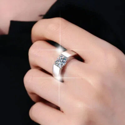 1&2CT D/VVS1 Moissanite Men Engagement Ring Band Real Solid 925 Sterling Silver - Image 1 of 4