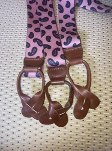 Bold Pink Paisley Woven Suspenders Adjustable Rich Brown Leather Pinchers Preown - Picture 1 of 9