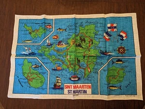 Vintage Sint Maarten St. Martin Map Souvenir Irish Linen Tea Towel - Picture 1 of 9