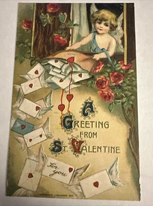 Embossed Valentines Day Postcard Cupid Cherub Mailing Letters With Wings Germany - Picture 1 of 2