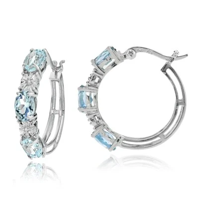 Sterling Silver Oval Blue Topaz and Diamond Accent Hoop Earrings - Image 1 of 3